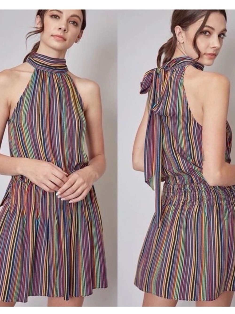 Multicolor Striped Halter Mini Dress with Tie Neck